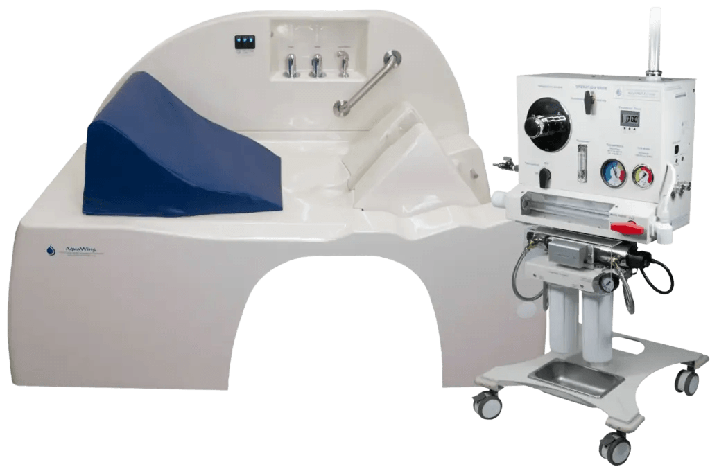 AquaWing and Aquanet EC-2000 colon hydrotherapy system combo with treatment table and control unit.