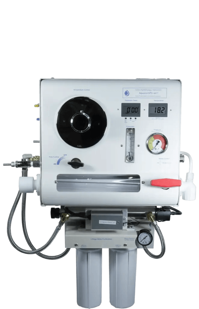 Colon hydrotherapy instrument with temperature control, display panels, and three-stage water purification system.