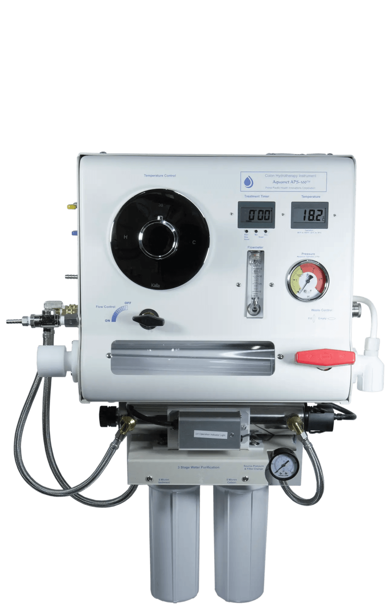 Colon hydrotherapy instrument with temperature control, display panels, and three-stage water purification system.