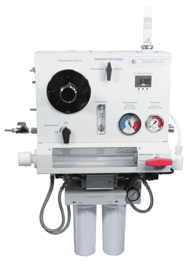 Aquanet EC-2000 colon hydrotherapy system with integrated controls and water filtration.