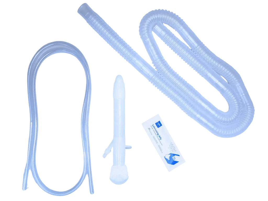 Kit contents for Aquanet EC-2000 including tubing, rectal tip, lubricating jelly, and accessories.