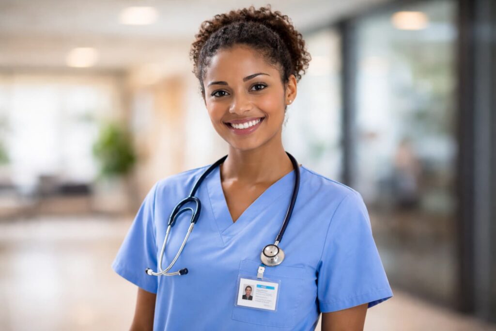 Smiling nurse in modern clinic.