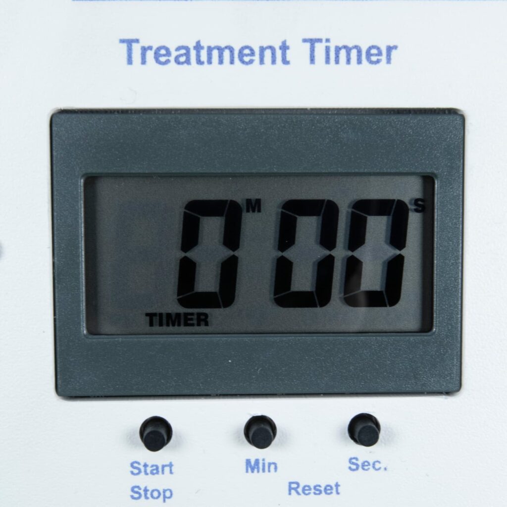 Treatment timer for Aquanet APS-100 colon hydrotherapy system with digital display and control buttons.