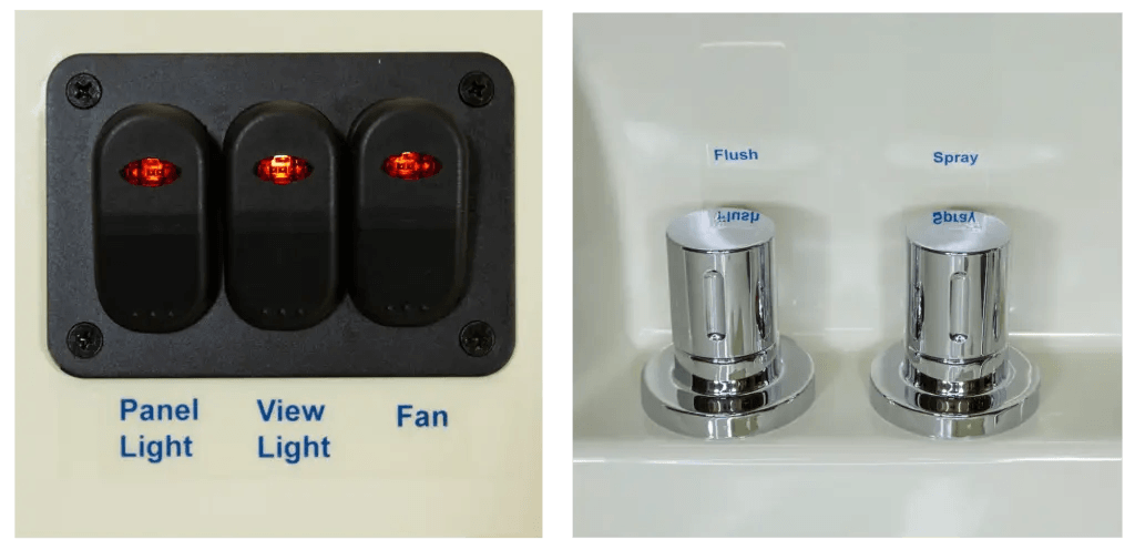 Control panel with switches for panel light, view light, and fan, alongside flush and spray controls in chrome finish.