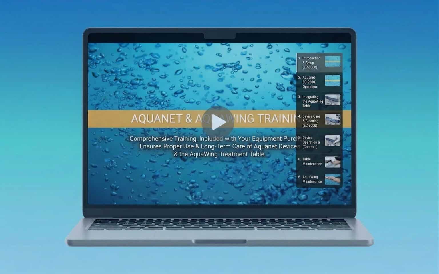 Laptop displaying Aquanet and AquaWing training content with a background of blue water droplets.