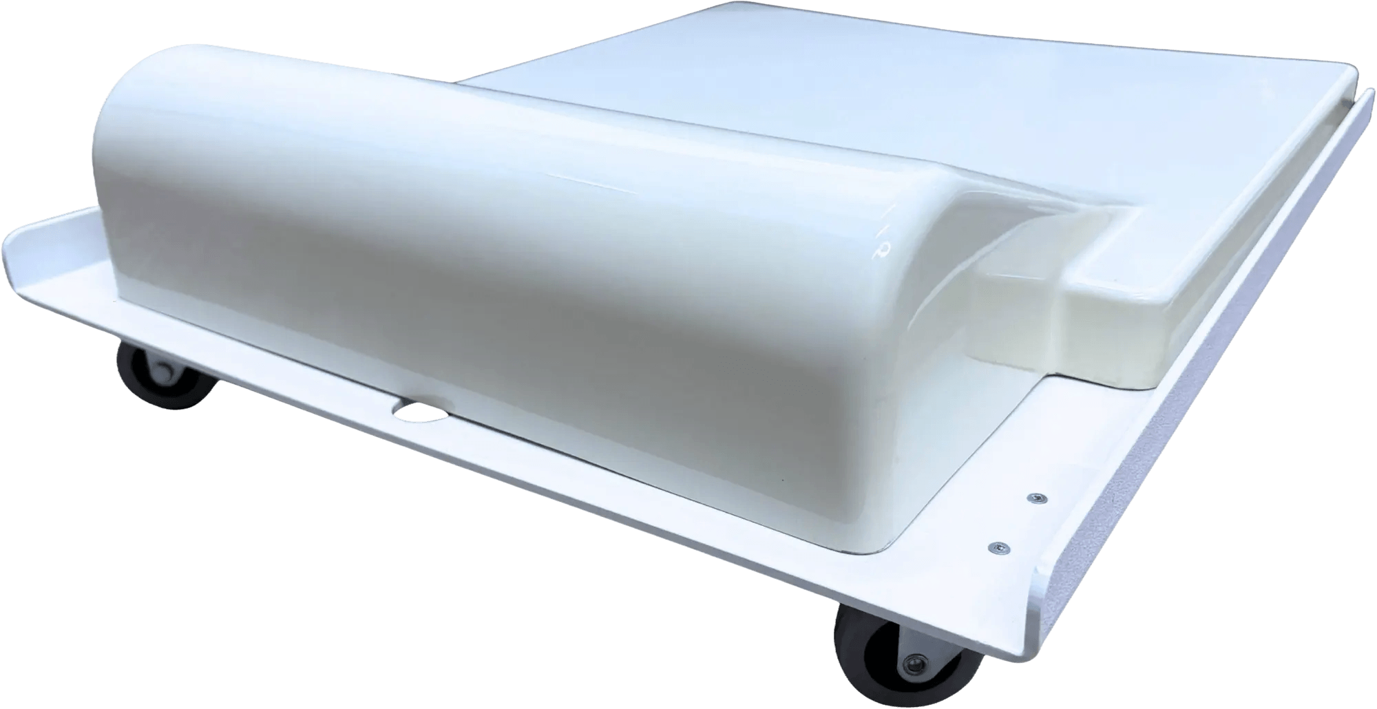 Basin Cover Storage Dolly with basin cover securely in place for medical equipment transport and storage.