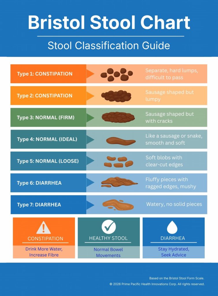 Bristol Stool Chart illustrating seven stool types, with descriptions for constipation, normal, and diarrhea classifications.
