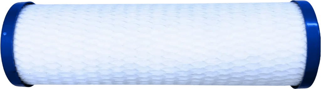 Blue and white cylindrical air filter with a textured surface, designed for efficient air purification.