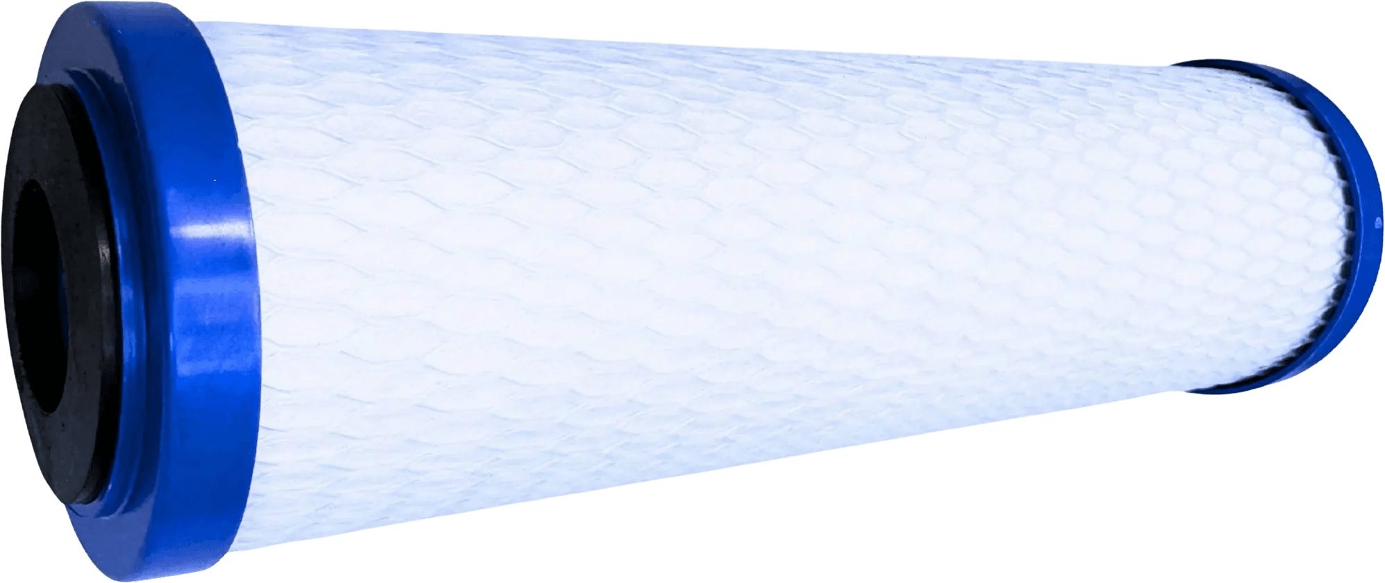 White water filter cartridge with a textured surface and blue ends for improved filtration efficiency.