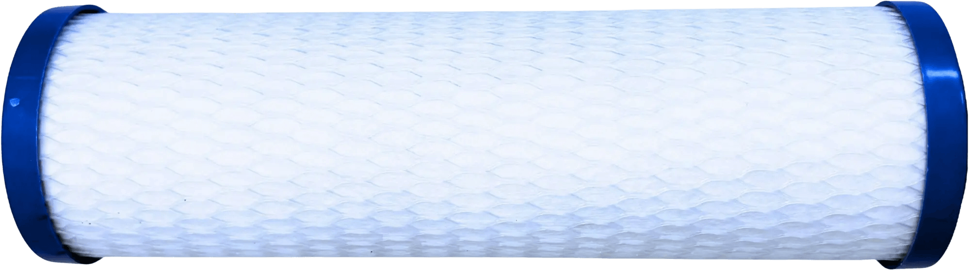 Blue and white cylindrical air filter with a textured surface, designed for efficient air purification.