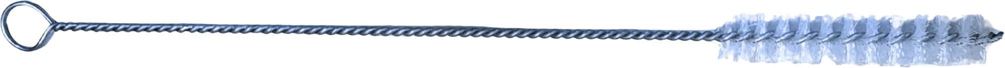 Metal screw with a spiral thread design, featuring a flat circular head and a bristle end for cleaning purposes.