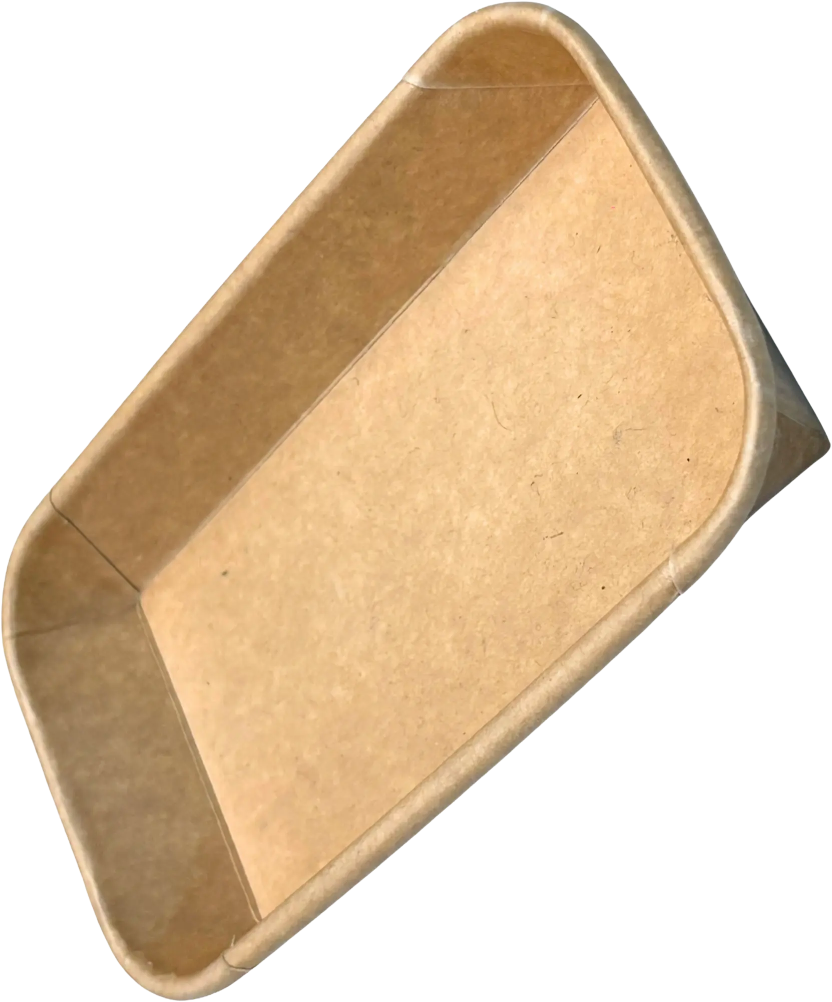 Brown kraft paper tray with rounded corners.