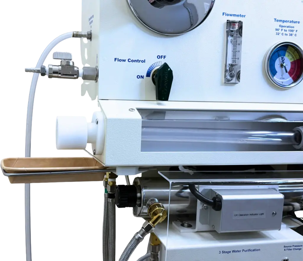 Drip tray installation for Aquanet colon hydrotherapy system with attached disposable tray and tubing.