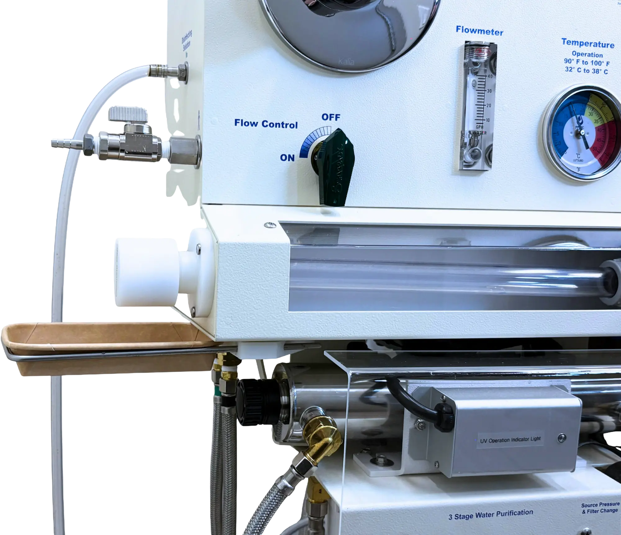 Drip tray installation for Aquanet colon hydrotherapy system with attached disposable tray and tubing.