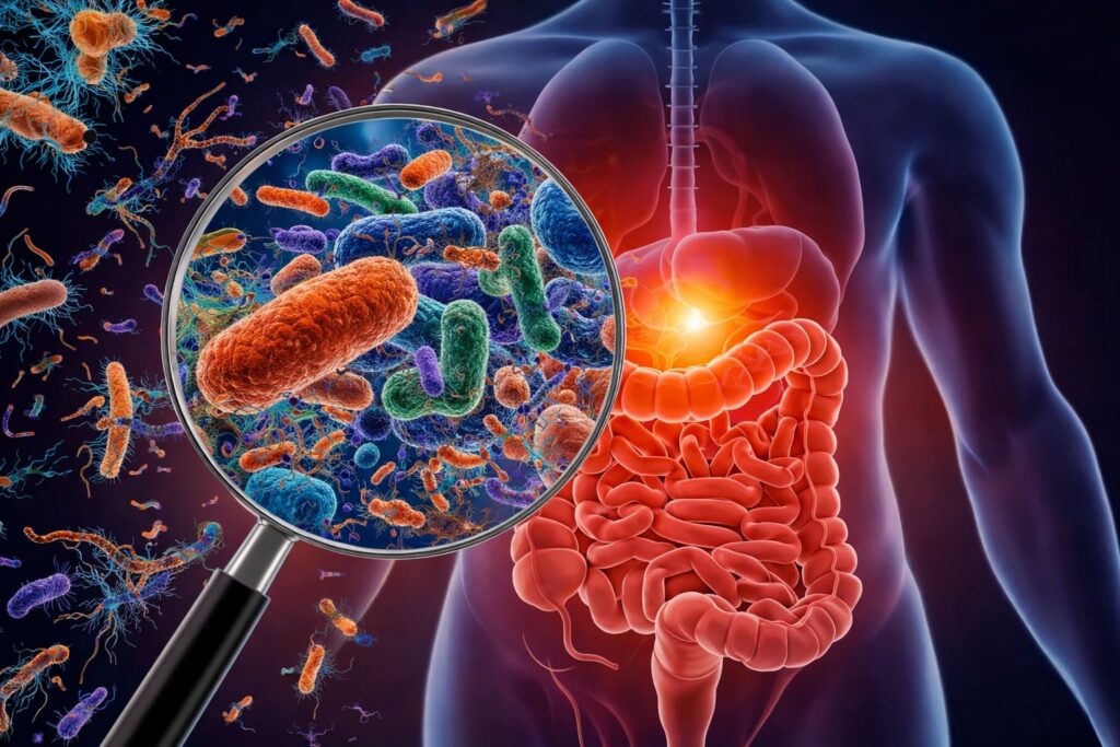 Colorful bacteria magnified inside a microscope, overlaying a human digestive system illustration.