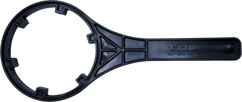 Black filter wrench designed for easy loosening with warning instructions engraved on the handle.