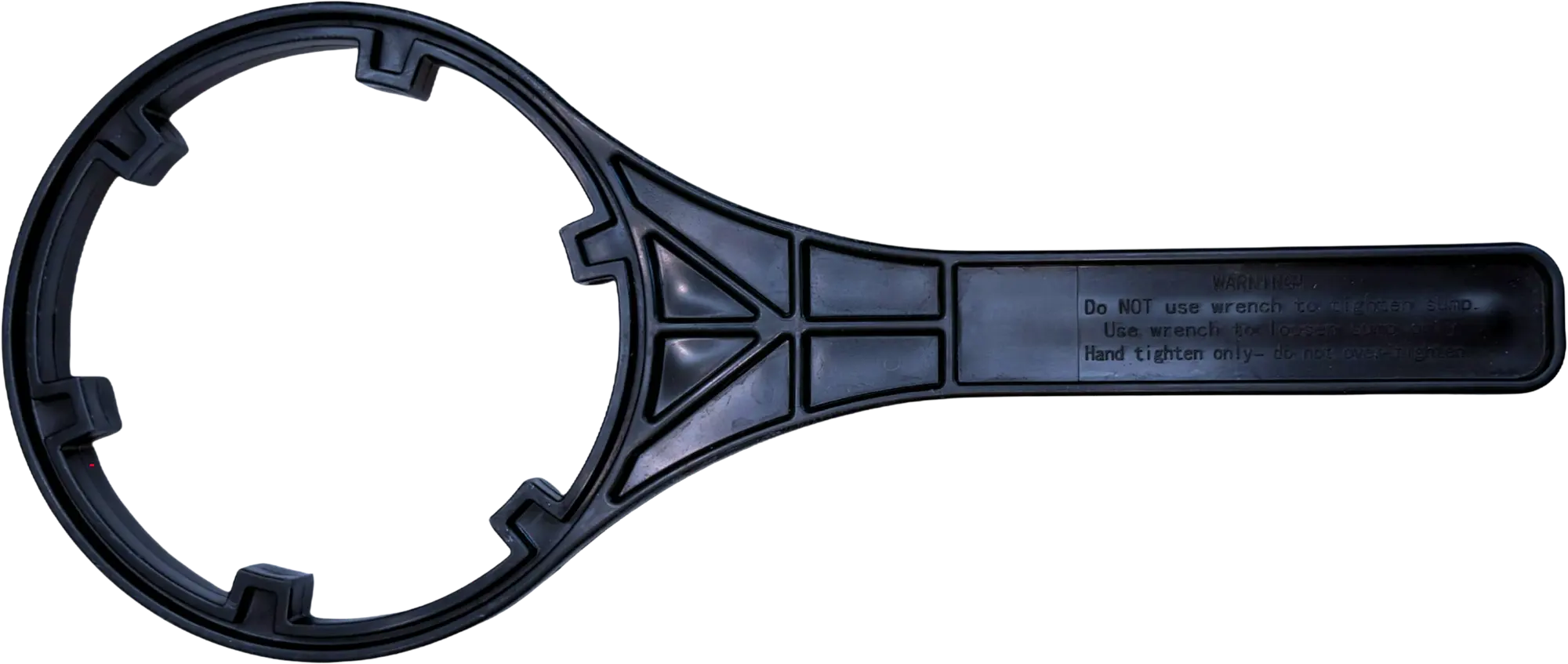 Black filter wrench designed for easy loosening with warning instructions engraved on the handle.