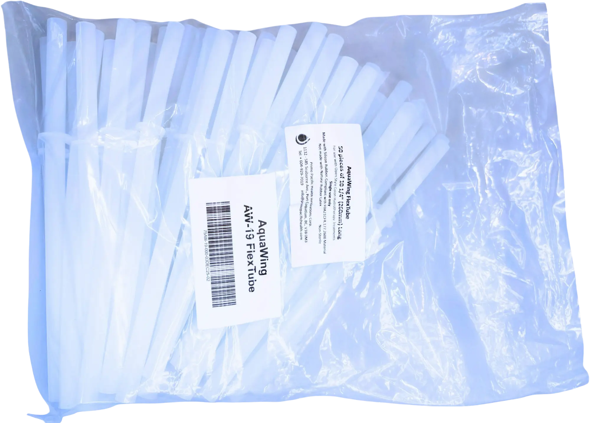 Plastic flex tubes in a clear package labeled AquaWing, suitable for various applications.