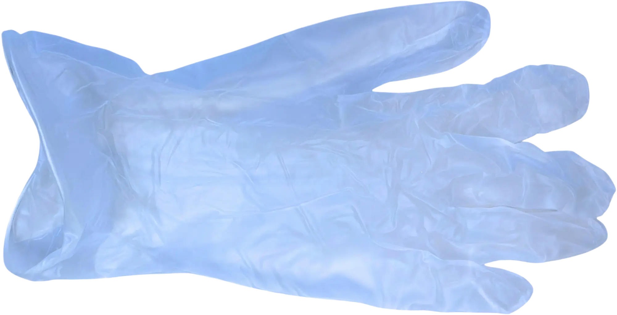 Transparent disposable glove laid flat on a surface, suitable for medical or hygienic use.