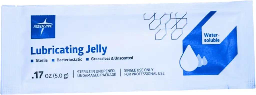 Medline lubricating jelly packet, 0.17 oz, sterile, greaseless, unscented, and water-soluble for professional use.