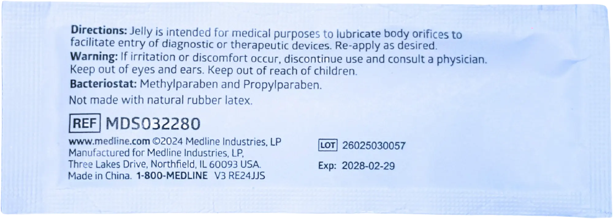 Medical jelly packet with directions, warnings, and product details, including expiration date and ingredients.