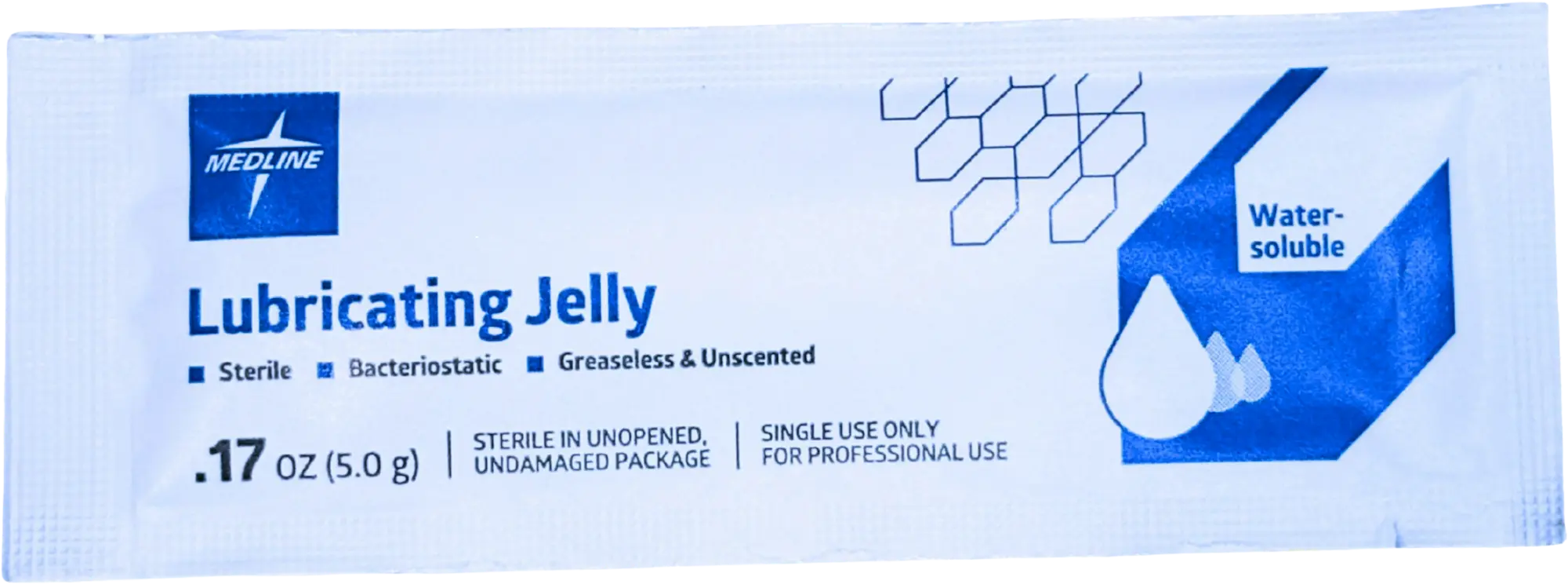 Medline lubricating jelly packet, 0.17 oz, sterile, greaseless, unscented, and water-soluble for professional use.