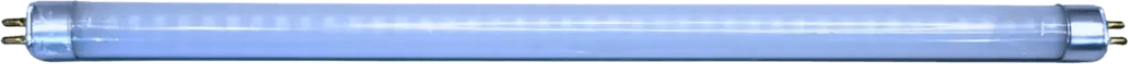 Fluorescent light tube with blue tint and metal end caps for electrical connections.