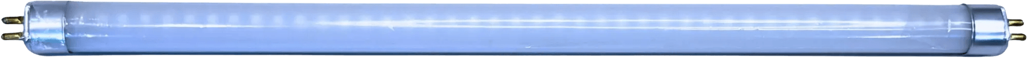 Fluorescent light tube with blue tint and metal end caps for electrical connections.