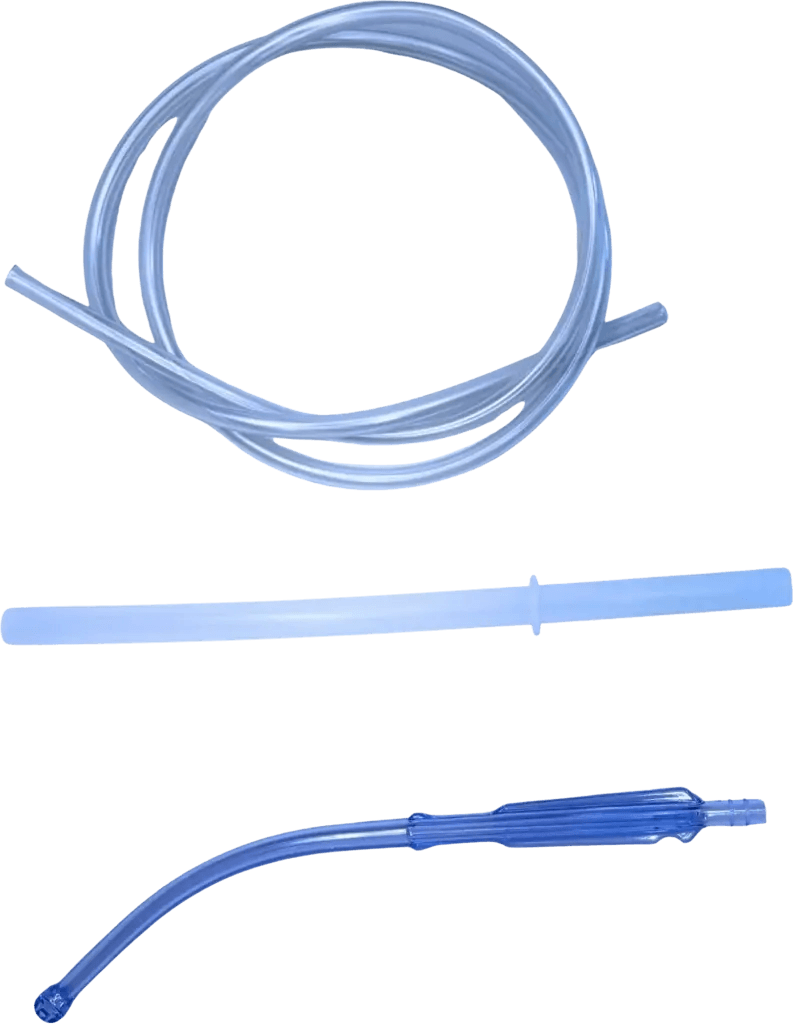 Medical tubing set including flexible blue tubing and connectors.