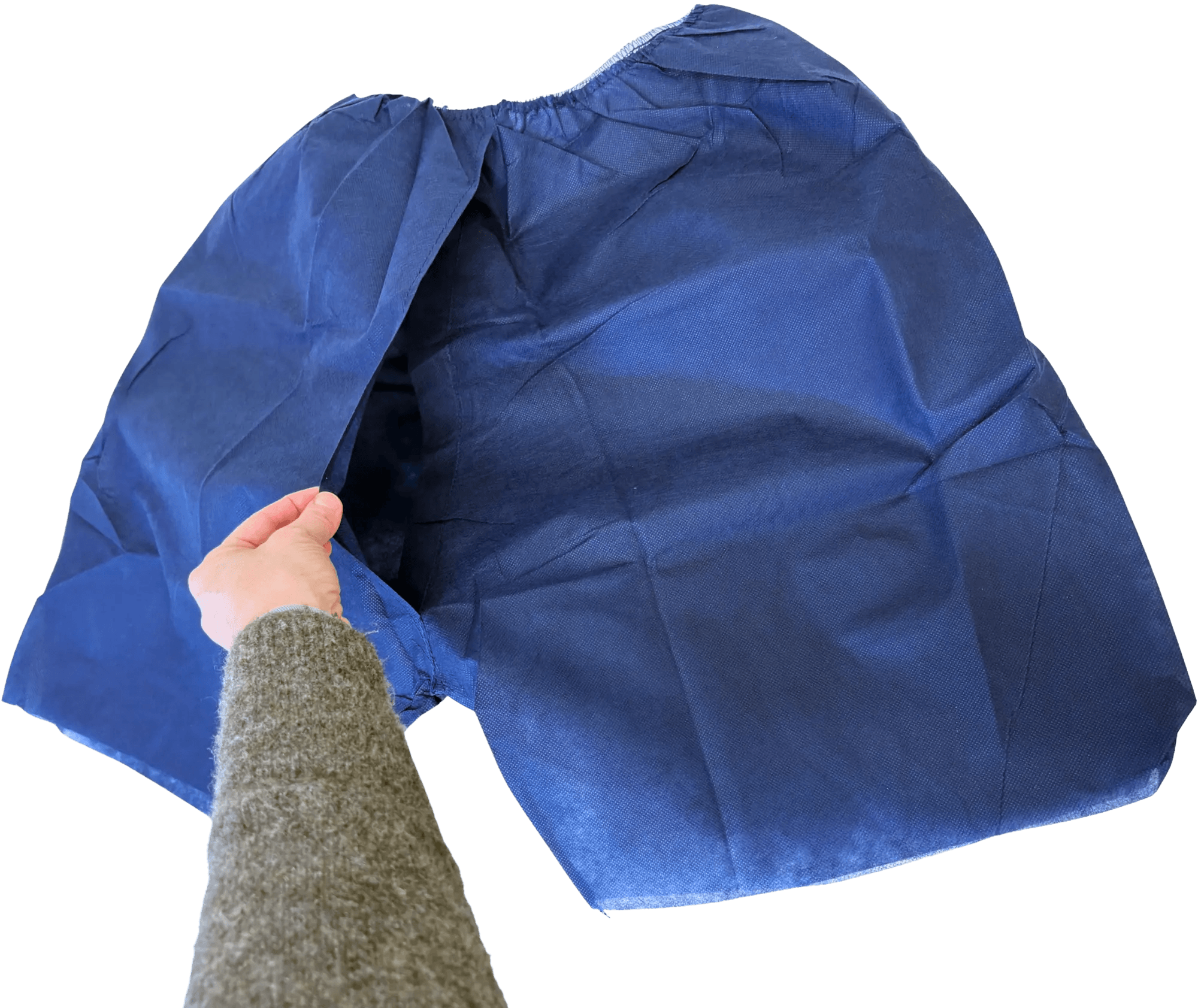 Navy blue shorts held by a hand, displaying an open section for wearing.