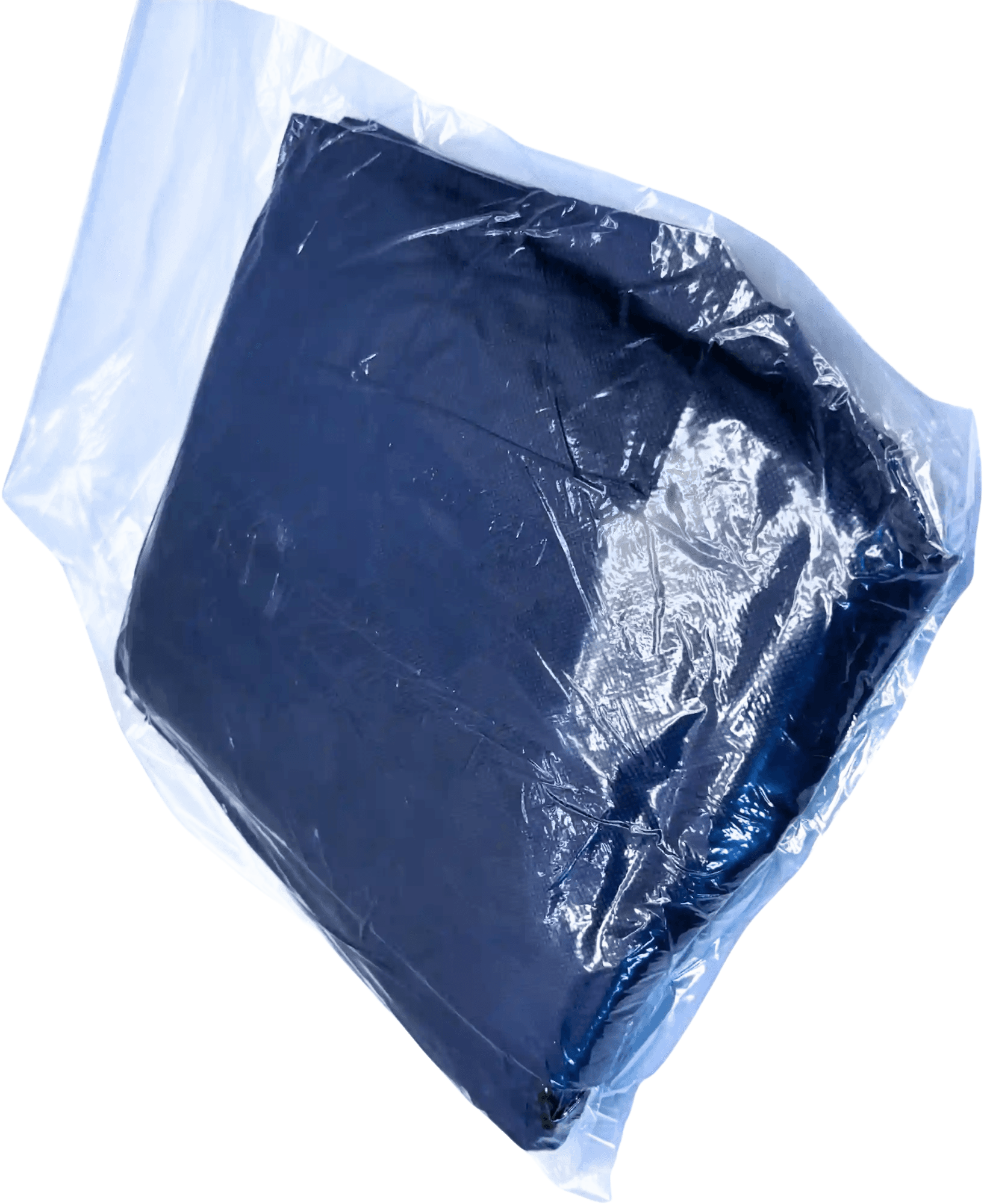 Navy blue shorts folded and packaged in clear plastic.