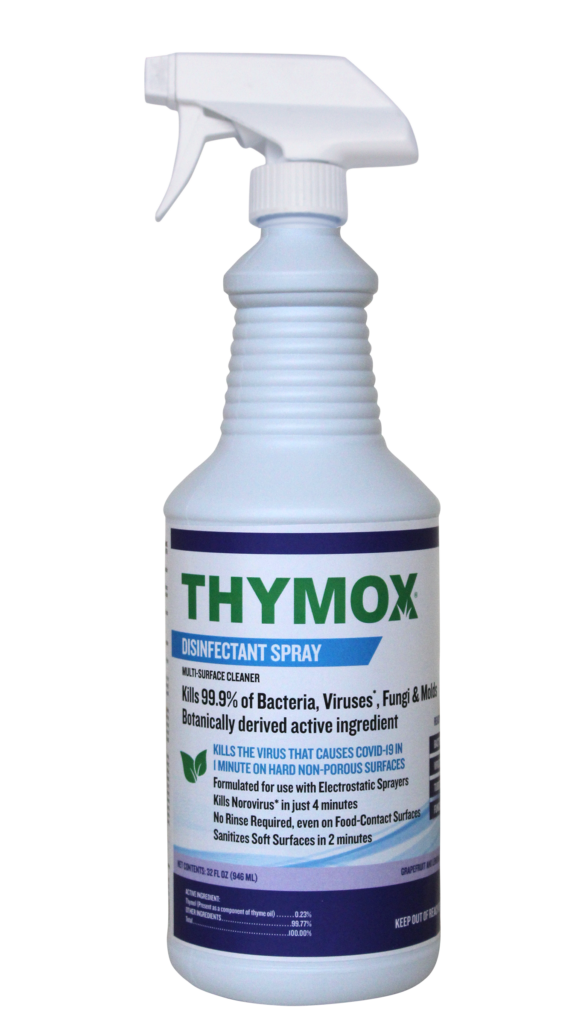 Thymox disinfectant spray bottle, effective against bacteria and viruses, featuring a botanical ingredient list and usage ins
