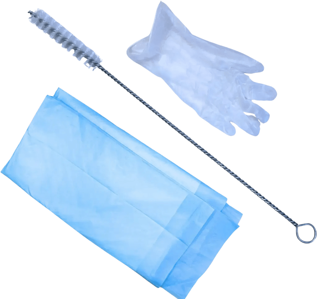 Cleaning brush, disposable gloves, and protective sheets on a white background.