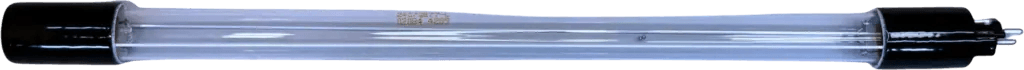 Clear glass tube with black end caps, labeled with specifications for laboratory use.