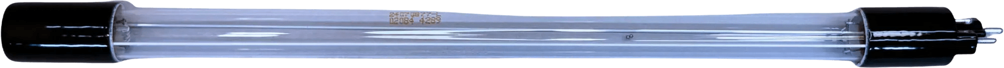 Clear glass tube with black end caps, labeled with specifications for laboratory use.