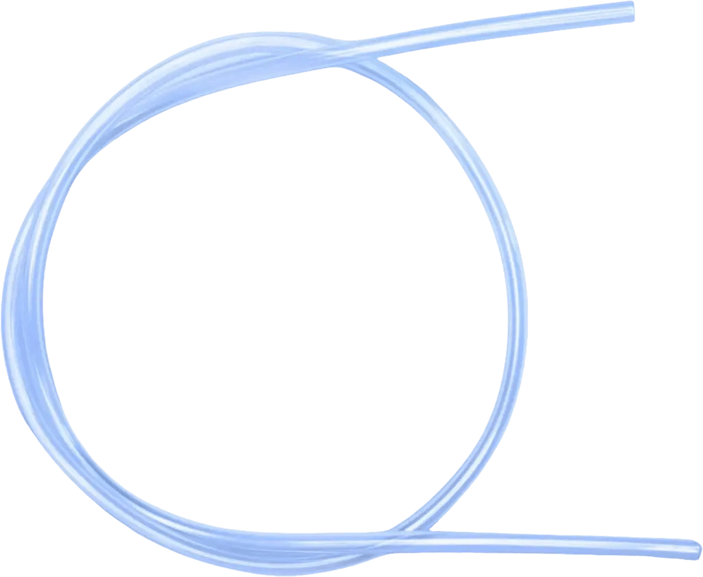 Flexible clear plastic tubing coiled in a loop against a white background.