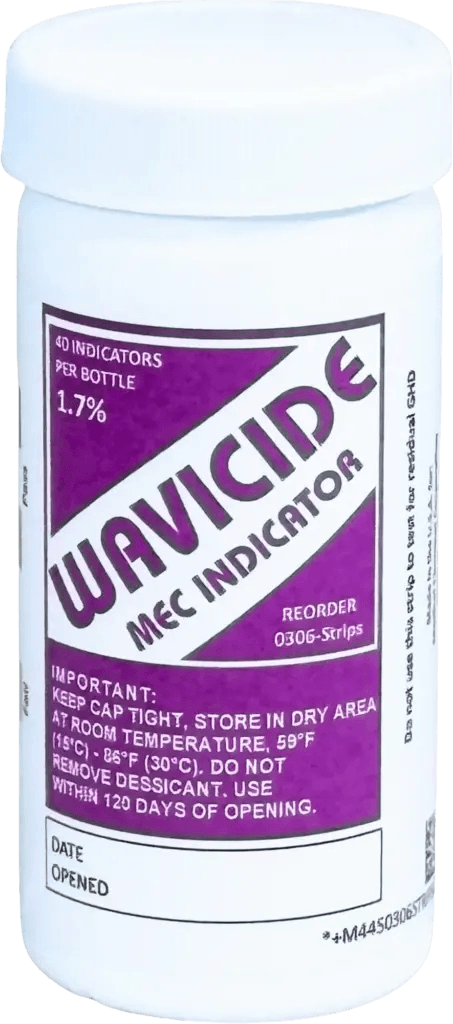 Wavicid MEC indicator bottle with purple label, containing 40 indicators and instructions for storage and usage.