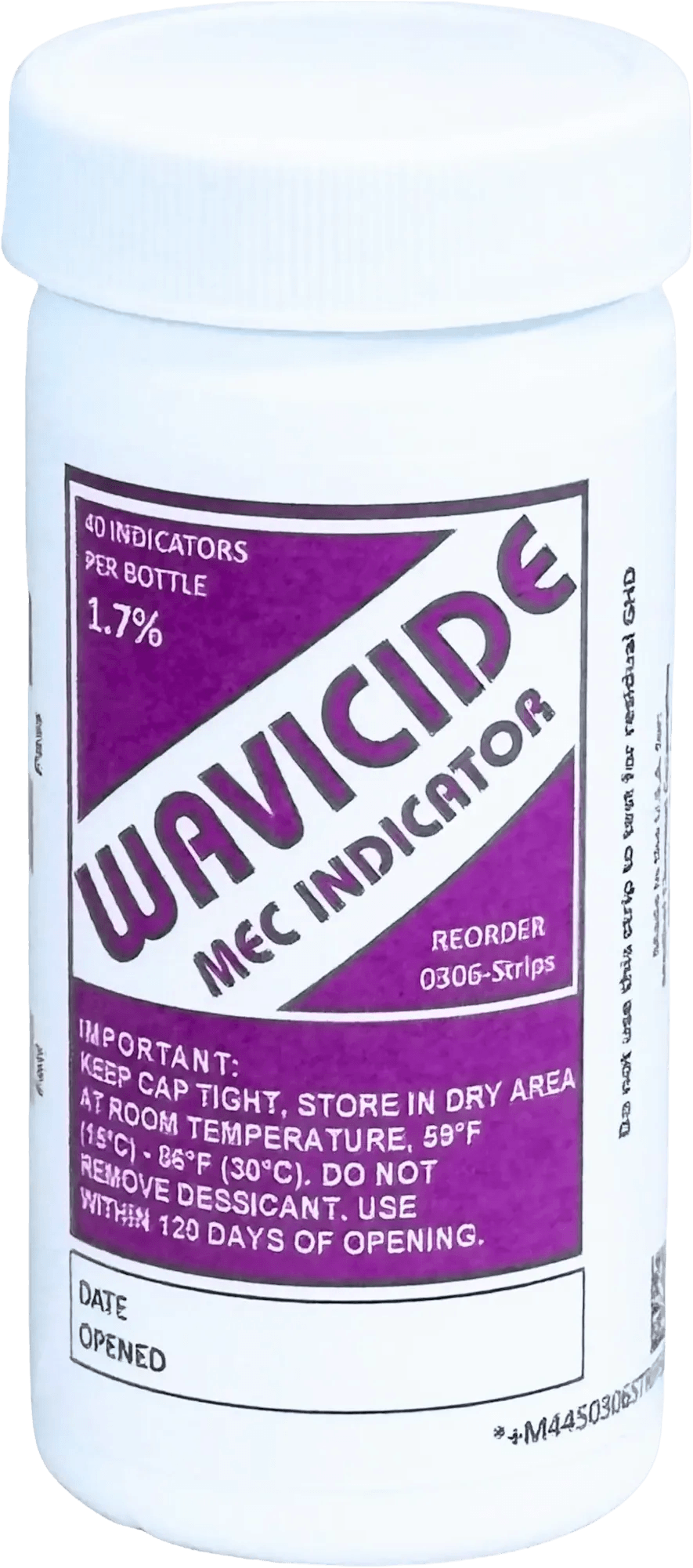 Wavicid MEC indicator bottle with purple label, containing 40 indicators and instructions for storage and usage.