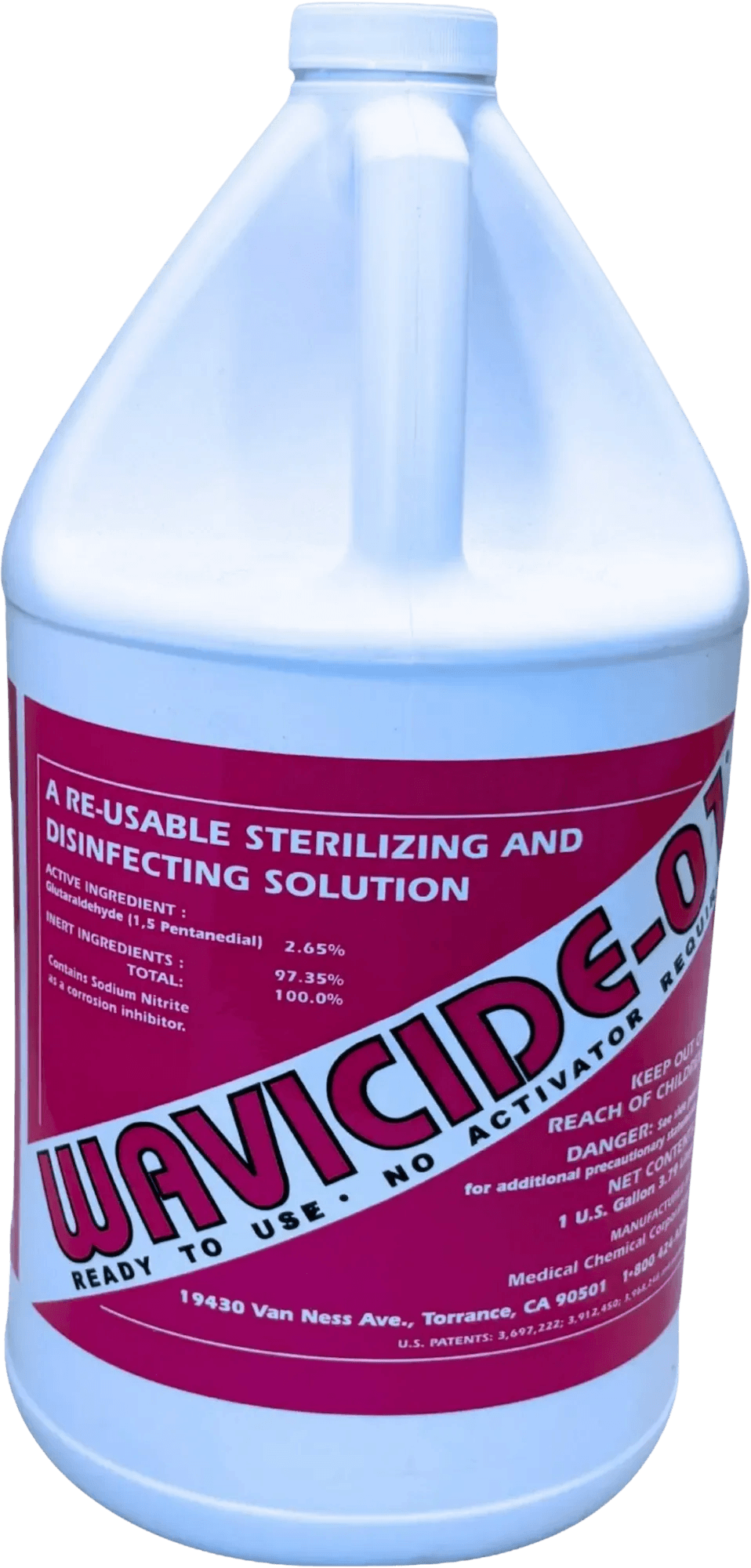 Wavicide-01 gallon container labeled as a reusable sterilizing and disinfecting solution with active ingredients.