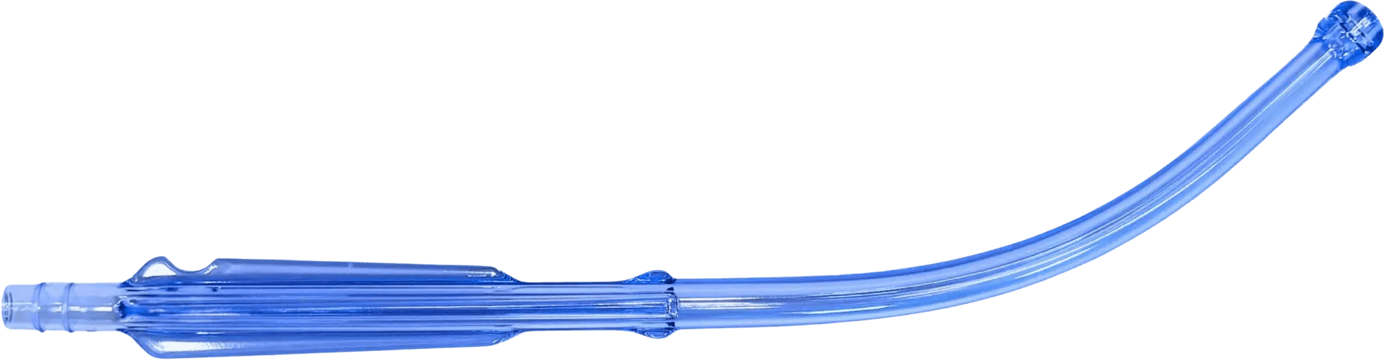 Blue medical suction catheter with a curved tip for streamlined fluid removal in clinical settings.