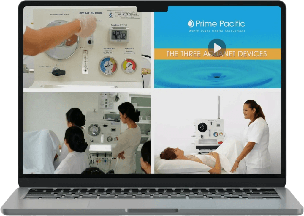 A laptop displays a video about Aquanet devices, featuring treatment controls and healthcare professionals assisting patients
