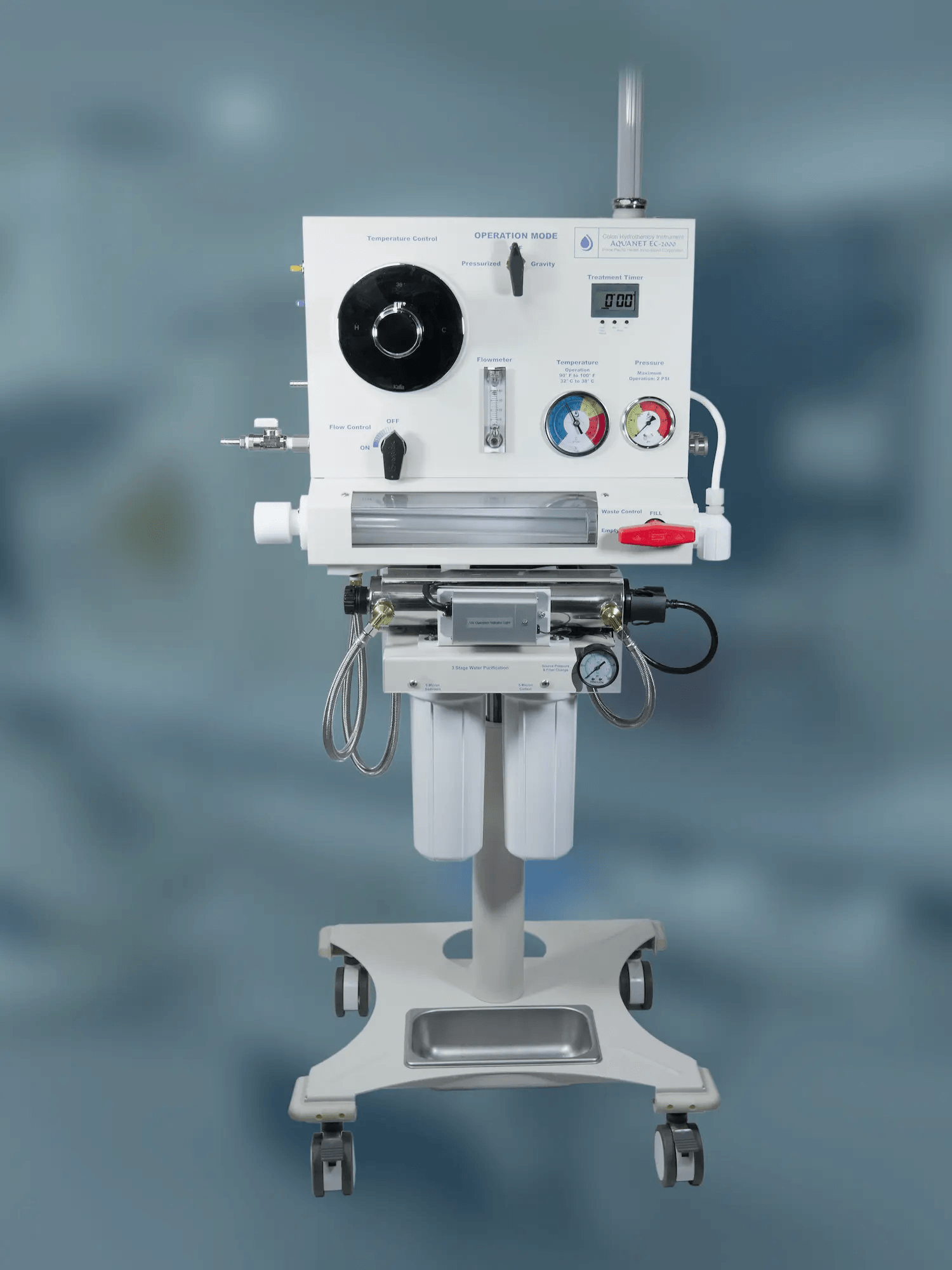 Aquanet colon hydrotherapy system on a mobile stand with control panel, gauges, and water filtration unit