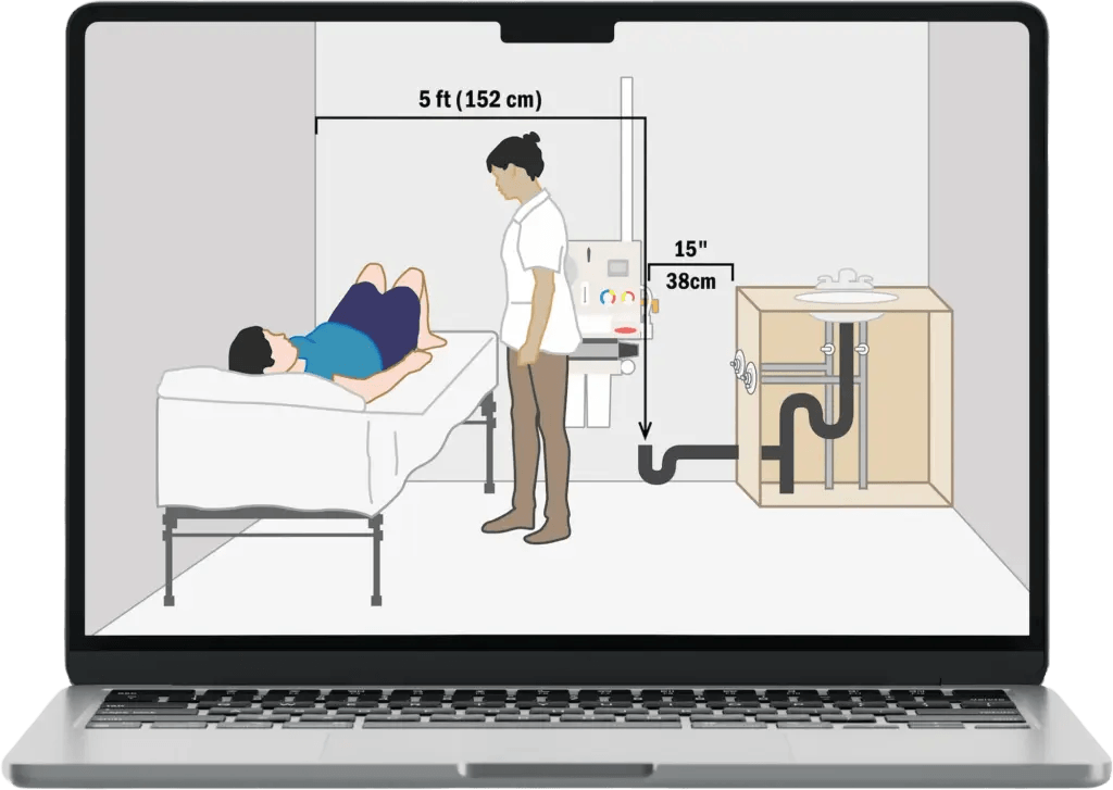 Floor plan illustrating a patient on a bed, healthcare worker, equipment, and plumbing measurements.